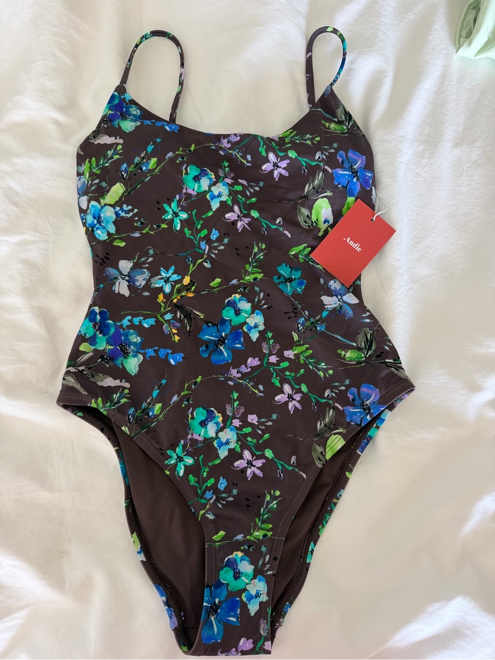 Andie Amalfi Floral Scoop-Neck One-Piece Swimsuit in Brown and Blue, XS, NWT